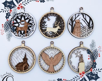 3-layered Christmas Ornament SVG bundle - with angel, candle, church, snowman, reindeer and yule goat