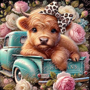 Vache Highland avec noeud roses de camion old school bleu sarcelle