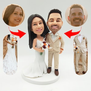 May include: A custom wedding cake topper featuring a bride and groom figurine. The bride wears a white dress and holds a bouquet. The groom is in a tan suit. The topper includes photos of the couple and their wedding attire.