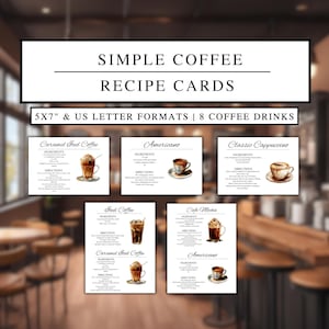 8 cartes de recettes de café simples, PDF, cartes de recettes de café, imprimables PNG, cartes de recettes de café-bar, cadeau pour amateur de café, décoration de cuisine à imprimer,