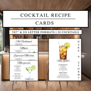 Printable Cocktail Recipe Cards, 20 Cocktail Recipe Cards, Recipe Cards for Events, Printable PDF, PNG