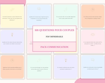 May include: A printable PDF with 168 questions for couples, designed to help improve communication. The title is "168 Questions for Couples" with the subtitle "PDF Printable" and "Pack Communication".