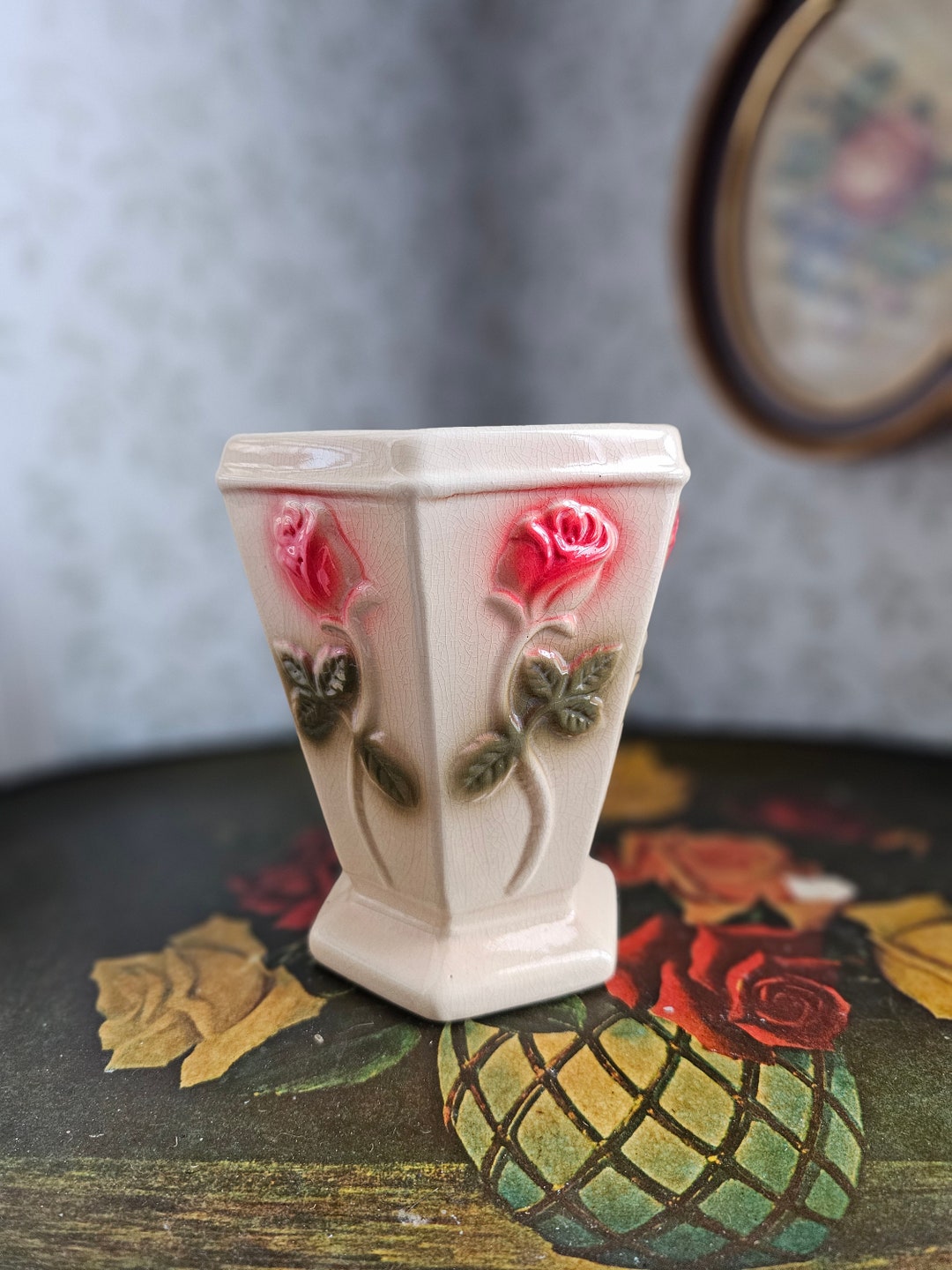 MCM Bloom-rite Ceramic Pottery Crackle Vase With Embossed Long-stem Red ...