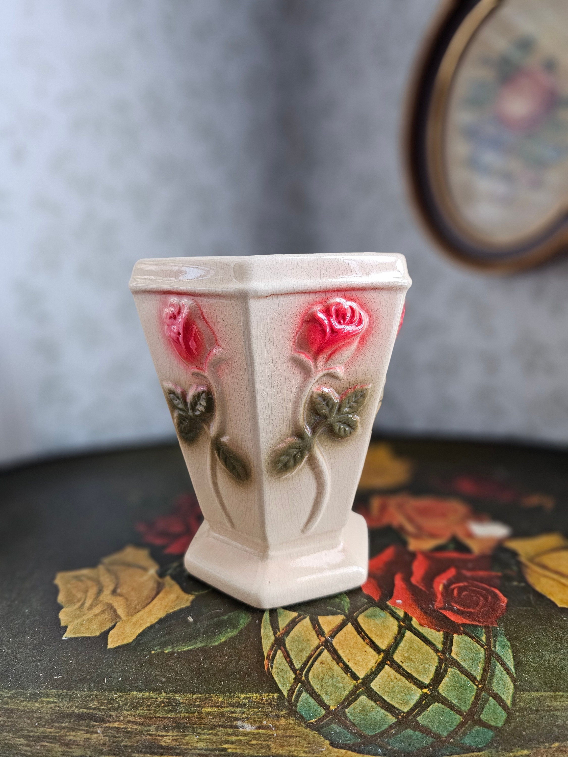 MCM Bloom-rite Ceramic Pottery Crackle Vase With Embossed