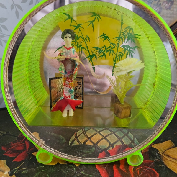 Vintage Japanese Diorama - Mid Century Kitsch, Retro Asian Home Decor, 1950s Collectible 3D Shadow Box, Geisha Girl