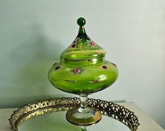 Vintage Italian Green Glass With Bead Lidded Jar - Venetian Glass- Apothecary