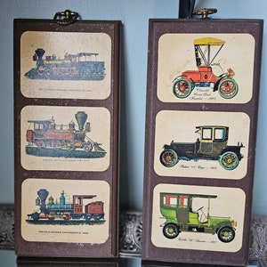 vintage pair of antique cars on wood plaques
