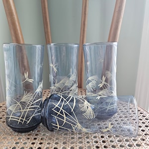 Libbey Bolero cream-colored wheat and dragonflies on blue glass