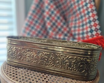 Vintage etched brass oval planter