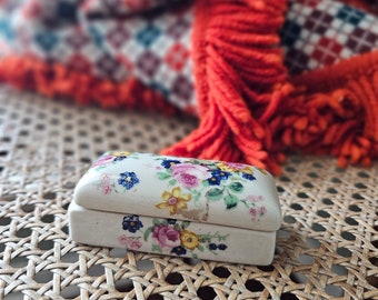 Rectangle Lidded Trinket Jewelry Box Hand Painted Floral Dresser Top