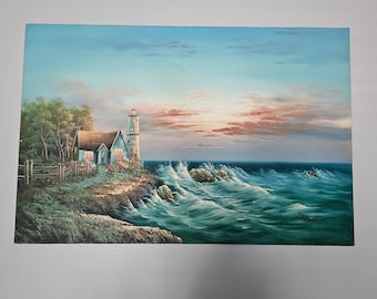 【絵画】ヴィンテージ 海景画 油彩画 灯台と砂丘の風景 サイン有り バーナード B ダガン サイン入り 海景キャンバス絵画 大 24 x 36