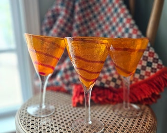 Vintage Orange Peel Art Glass Martini Set With Raspberry Swirls