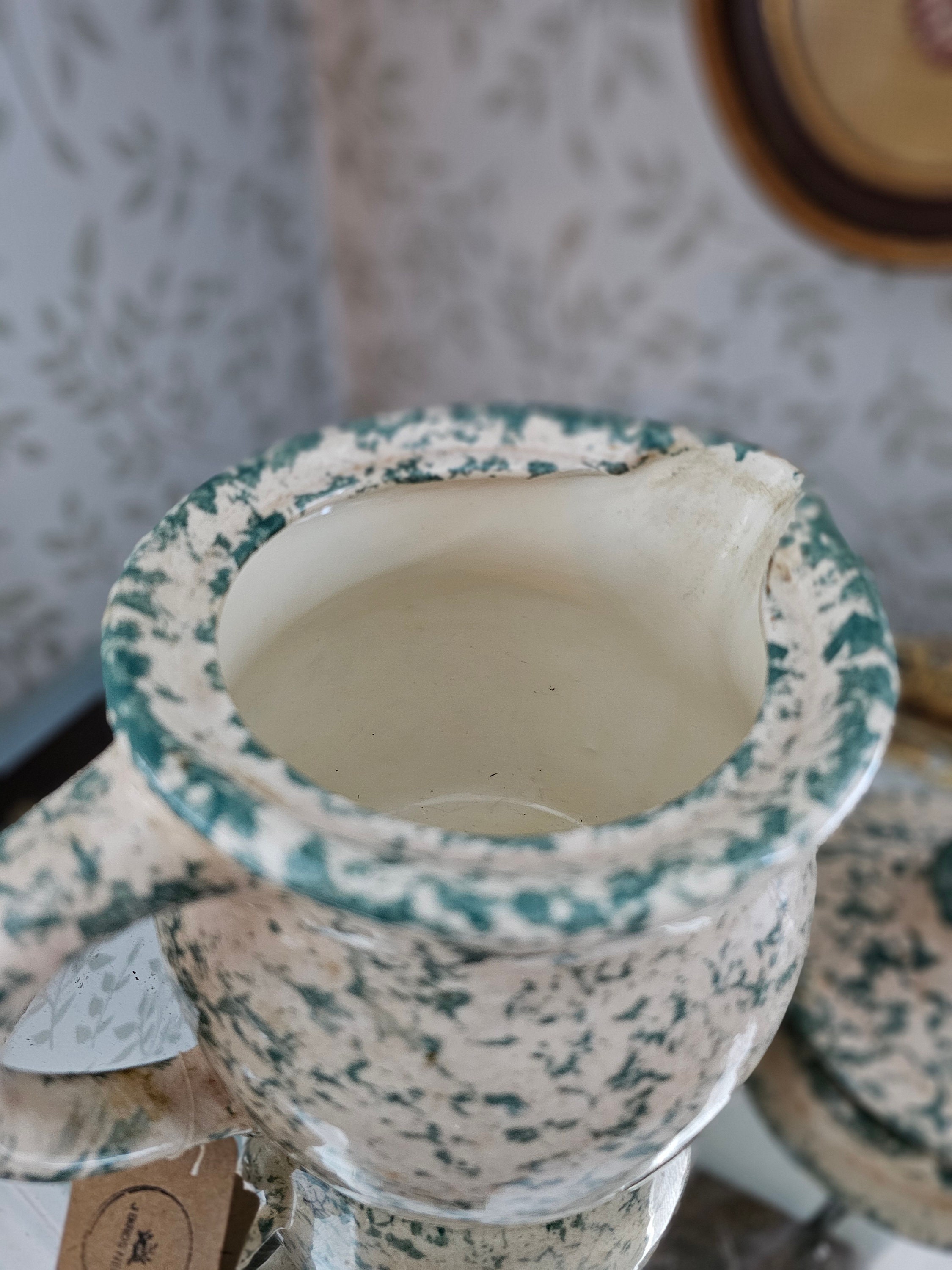 Vintage Green Spongeware Pottery Teapot - Etsy