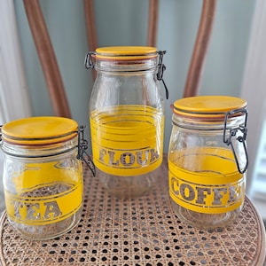 Carlton Glass Canister Set: Yellow Kitchen Storage, Hermetic Seal, 1980s