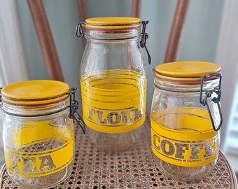 Carlton Glass- Flour, Tea amd Coffee set of 3 Hinged Hermetic Seal- 1980&#39;s