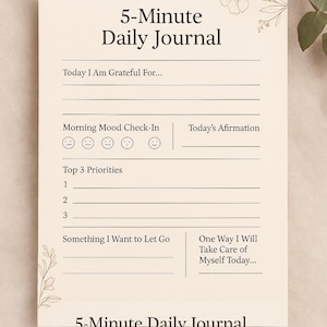 Diario giornaliero stampabile di 5 minuti / Foglio di lavoro per consapevolezza e gratitudine / PDF per la cura di sé / Download immediato