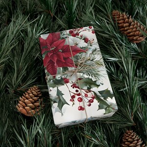 Gift Wrap Papers, Christmas Gift Wrap, Vintage Pattern, Crimson Poinsettias, Holly Leaves, Holiday Wrapping Paper