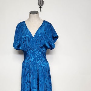 Vintage 80s CERULEAN Blue Flowy V Neck Day Dress s m cocktail dress deep v image 1