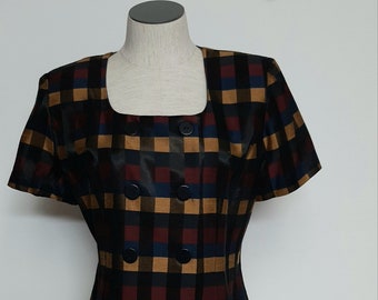 Vintage 90s Checkered Silk Button Up Mod Fitted Short Sleeve Blazer Jacket women medium retro 90s