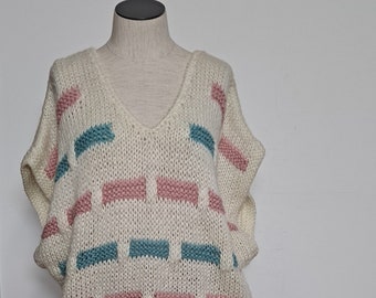 80s Oversized Sleeveless Cream Knit Sweater Top women L Xl 1X preppy slouchy retro geometric striped pink blue maternity sweater nerd mom