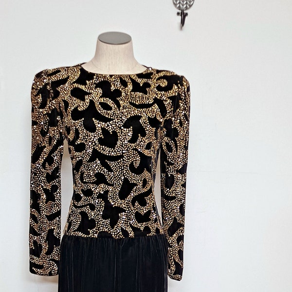 Vintage 1990s Ricki Lang Black & Gold Paisley Velvet Glitter Evening Dress women small cocktail dress Christmas new years eve prom dress