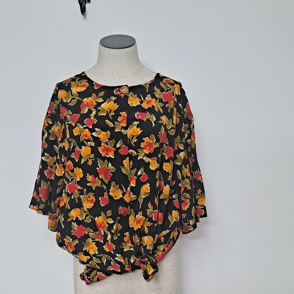 Vintage 80s Oversized Floral OTOÑO Button Up Boxy Blouse women 1X short sleeve rayon flowy tunic Blouse top retro fall Blouse