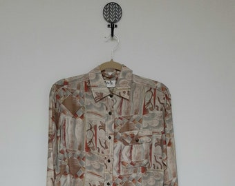 Vintage 90s Oversized Silk Earth Tone Abstract Print Button Up Oxford Blouse women small medium