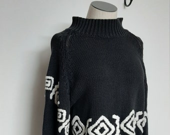 Vintage 90s Black Ramie Knit High Neck Slouchy Sweater small medium embroidered ikat sweater hipster hip hop indie fashion