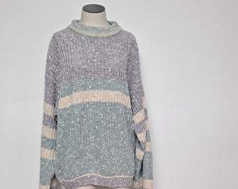 Vintage 80s Oversized Striped Pastel Chunky Knit Sweater women M L retro ski sweater