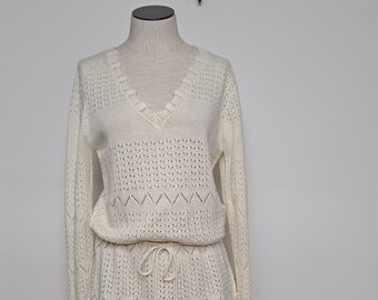 Vintage 70s Creamy White Crochet Sweater women small medium bohemian granny sweater romantic sheer