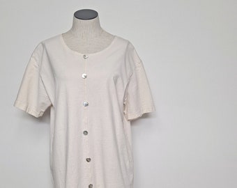 Vintage romig wit katoenen T-shirt met lange taille met parelknopen vrouwen kleine medium preppy klassieke eenvoudige boho minimalistische zomer tee blouse