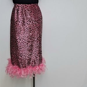 Vintage 90s Romy & Michelle Hot Pink Cheetah Print Pencil Skirt with Feather Trim women medium large disco skirt club kid raver image 1