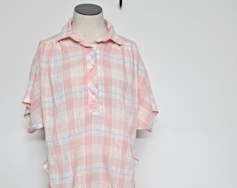 Vintage 80s Pastel Pink Plaid Summer Blouse women m l gardening top prairie tunic blouse button up pretty farm girl country western shirt