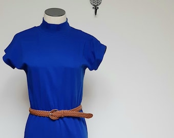 Vintage 80s True Blue Mock Neck Bodycon Dress women small Liz Claiborne Minimalist