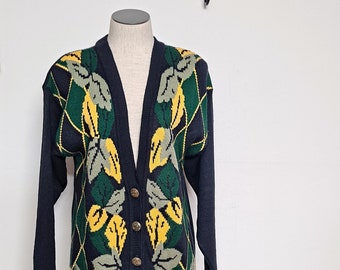 vintage années 90 Preppy Bleu Damé Tricot Bouton Up Cardigan Pull s m boho floral jaune vert manches longues chaud confortable