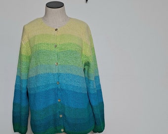 Vintage 90s Y2K Ombre Green Gradient Chunky Knit Cardigan Sweater women large preppy hipster soho girl