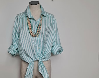 Vintage 80s Lightweight Striped Boxy Blouse women medium large Oxford blouse long sleeved