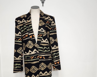 Vintage 90s Black Abstract Blazer Jacket women m l retro fashioning tribal zig zag African cocktail Blazer