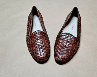 Vintage 90s Toasted Chestnut Brown Woven Leather Stacked Heel - Etsy