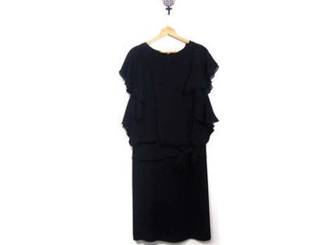 Vintage 80s Negro Sheer Ruffled Butterfly Sleeve Tie Waist Cocktail Dress women m l vestiesteam party dress minimalist hipste