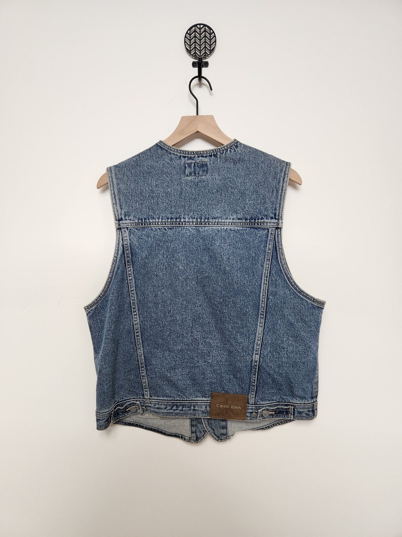 Vintage 90s Oversized Unisex CK Calvin Klein Grunge Reival Blue Button Up Denim Vest l xl biker vest grunge minimalist CK image 3