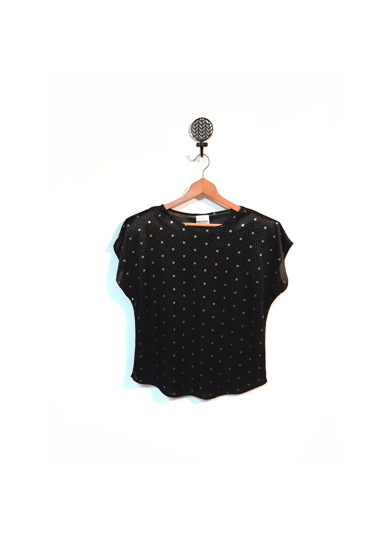Vintage 80s Black Slinky Polka Dot Boxy Blouse women small medium gold polka dots Bentley made in USA short sleeve sheer flowy abstract