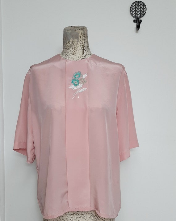 Vintage 80s Shimmery Soft Pink Preppy Boxy Blouse… - image 1