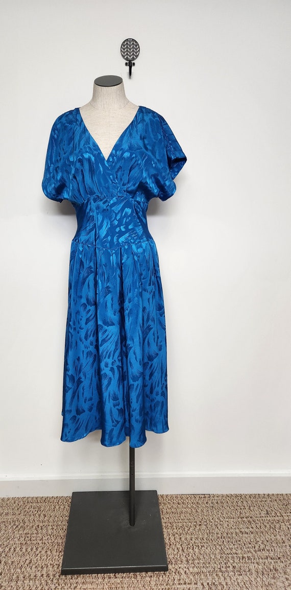 Vintage 80s CERULEAN Blue Flowy V Neck Day Dress … - image 1