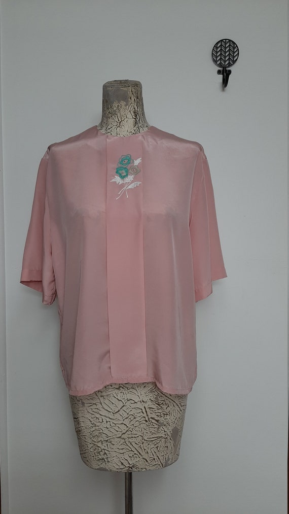 Vintage 80s Shimmery Soft Pink Preppy Boxy Blouse… - image 6