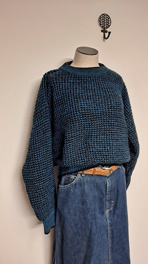 80s Midwest Traders Black and Blue Chunky Knit Sw… - image 7
