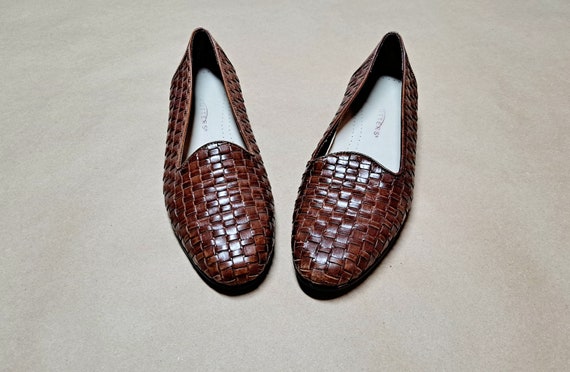 90s Brown Woven Leather Slip on Loafers 