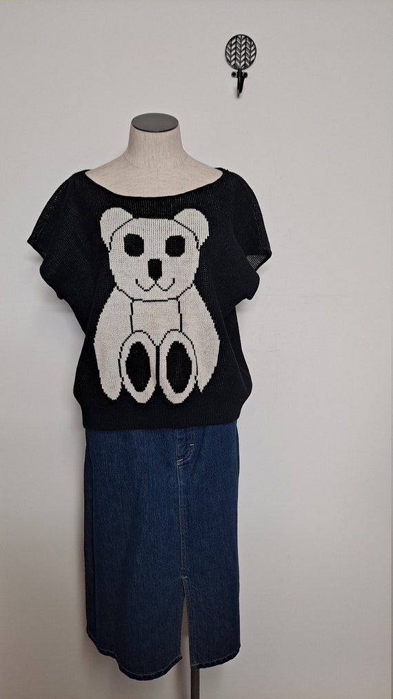 80s Black & White Teddy Bear Sleeveless Sweater wo