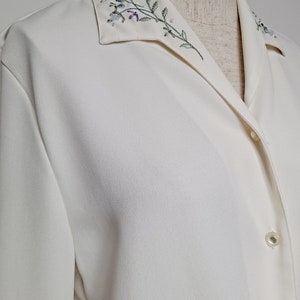 Vintage 90s Cream White Button Up Embroidered Blouse women small med secretary blouse tie waist loose flowy top floral top collared blouse image 4