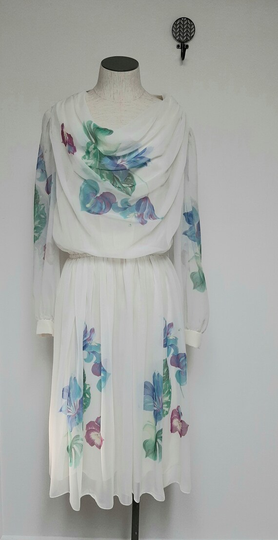 Vintage 80s White Floral Chiffon Blouson Dress wom